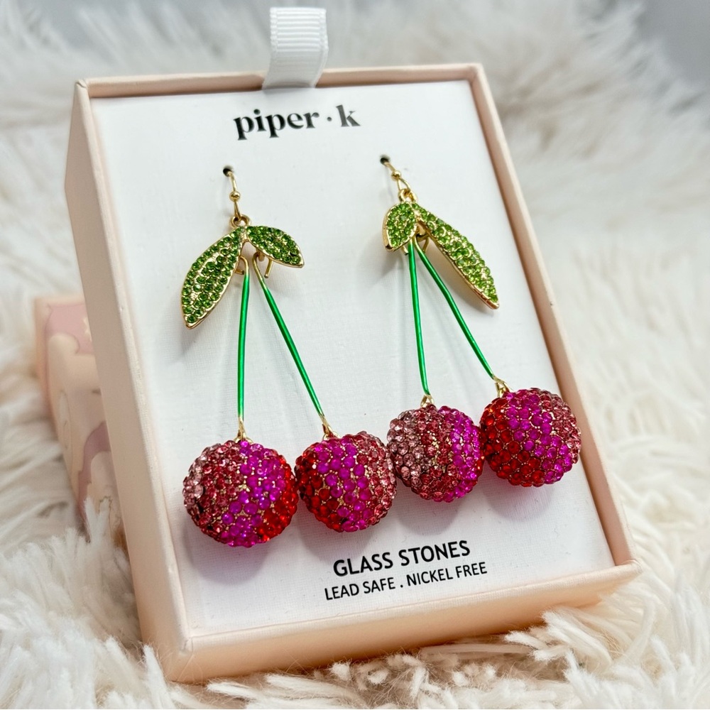 Piper K Cherry Hanging Earrings Glass Stones Fuchsia Red Pink Green Gold 2.5" - Picture 6 of 9